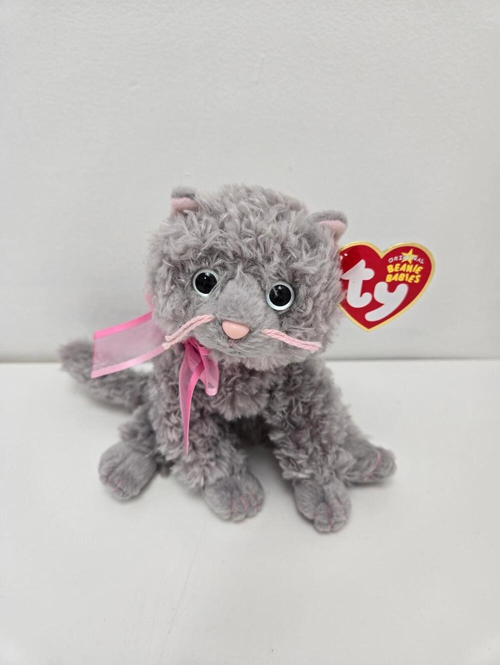 Ty Beanie Baby “Fluff” the Grey Cat with Pink Bow (7 inch)